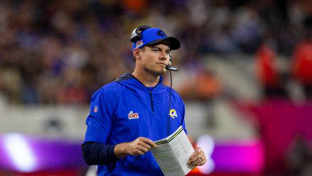 Feb 13, 2022; Inglewood, CA, USA; Los Angeles Rams offensive coordinator Kevin O'Connell against the Cincinnati Bengals during Super Bowl LVI at SoFi Stadium. Mandatory Credit: Mark J. Rebilas-USA TODAY Sports